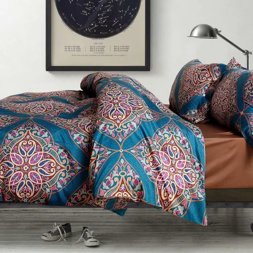 Vista 11 de Eikei Home Damasco Medallion - Juego de funda de edredón de lujo con estampado Paisley bohemio, 400 hilos, algodón egipcio, satén, vibrante