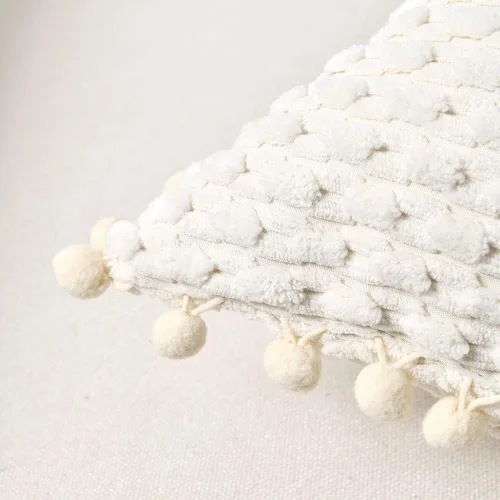 Vista 4 de Fancy Homi - Juego de 2 fundas de cojín decorativas crema blanco de 40 x 40 cm con pompones para sofá cama, decoración de hogar moderna, rústica