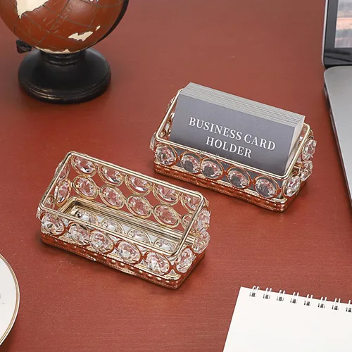 Vista 2 de Hipiwe Paquete de 2 soportes para tarjetas de visita de cristal de metal dorado para escritorio, oficina, organizador de almacenamiento de tarjetas
