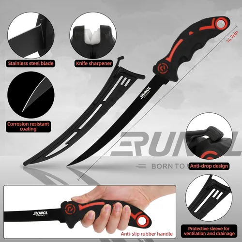 Vista 3 de RUNCL - Juego de herramientas de pesca de 4 piezas, alicates de pesca, cuchillo de filete de pescado con afilador, pinza de labios de pescado