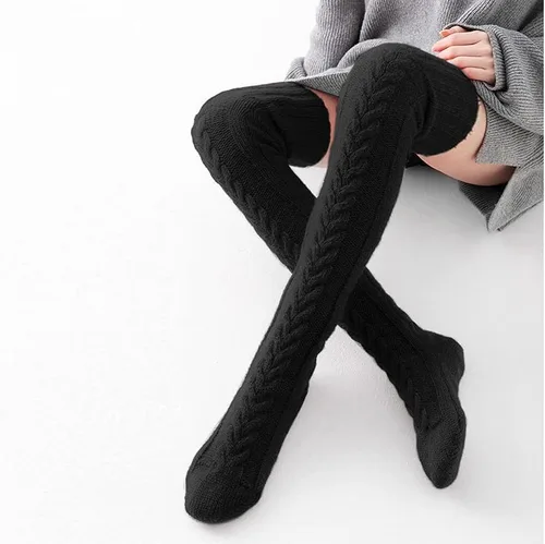 Vista 5 de Pcavin Calcetines altos hasta el muslo para mujer, por encima de la rodilla, calcetines de punto trenzado, calentadores de piernas largos y cálidos