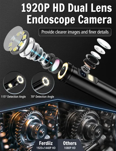Vista 2 de Cámara de endoscopio [Doble Lente] con luz, boroscopio HD 1920P con 8 luces LED ajustables, boroscopio con cámara de serpiente semirrígida de 32.8