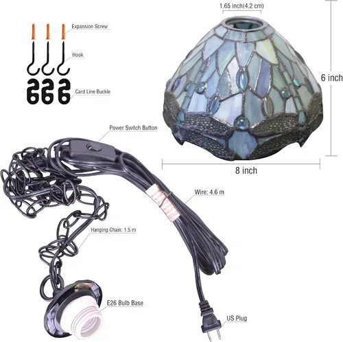 Vista 6 de Lámpara Colgante Pequeña Tiffany de Vidrio Emplomado con Enchufe, Lámpara Colgante de 8 Pulgadas de Altura Ajustable, Accesorio de Araña Colgante