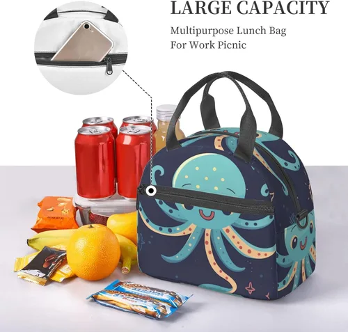 Vista 4 de Bolsa de almuerzo de pulpo de dibujos animados para mujer, lonchera aislante, bolsa de almuerzo impermeable