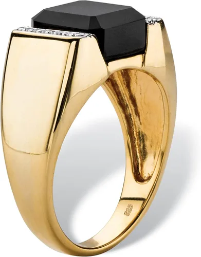 Vista 2 de PalmBeach Jewelry - Cojín de plata de ley chapado en oro amarillo para hombre, ónix negro natural y circonita cúbica redonda, tamaños 8-13, Metal