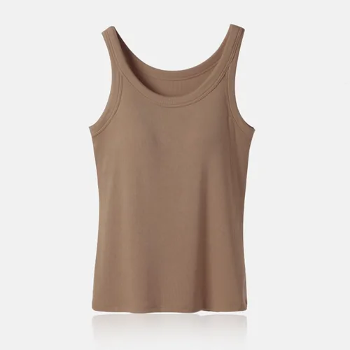 Vista 2 de Camisetas sin mangas de algodón acanalado para mujer, brasier integrado, sin mangas, cuello redondo, ajustada, capa base de verano, camisetas