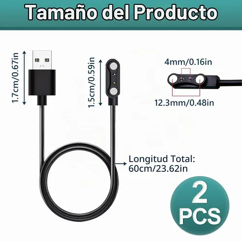 Vista 2 de 2 cargadores de reloj inteligente, cable de carga USB magnético de 2 pines de 0.157 in, cable de carga de repuesto para reloj inteligente