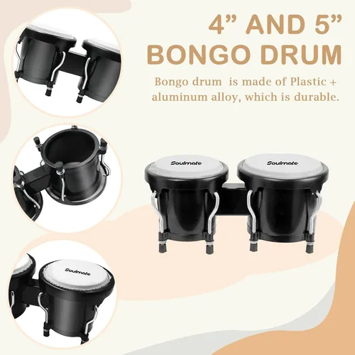 Vista 6 de Juego de Bongós Soulmate para Niños, Principiantes y Adultos de 4" y 5" - Bongós de Percusión Transparentes con Llave de Afinación, Acabado Natural
