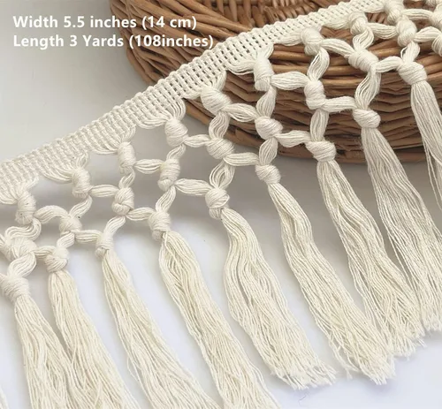 Vista 5 de FQTANJU Borla de algodón de 3 yardas de 5.5 in de ancho, borla de algodón, cinta bohemia de macramé para accesorios de costura, manualidades y Beige