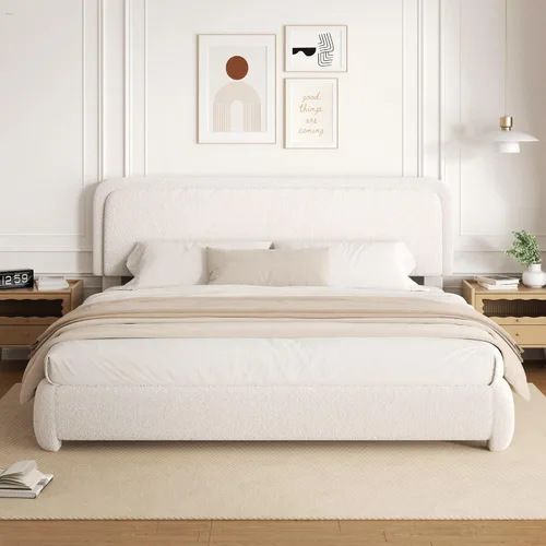 Vista 3 de Base de cama de tamaño Full con tapizado de bouclé, plataforma tapizada con cabecera, anticolisión con esquinas redondeadas suaves, no requiere