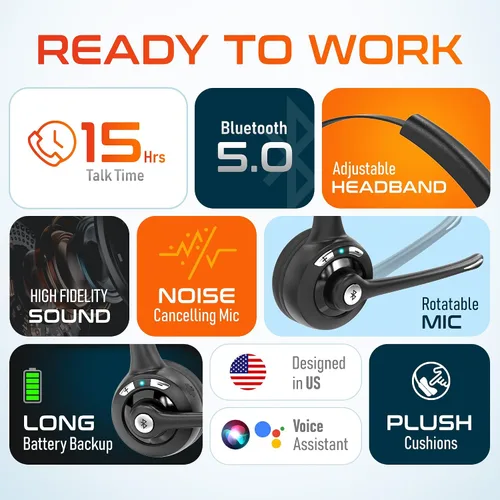 Vista 6 de Delton 10 auriculares Bluetooth para computadora, auriculares inalámbricos sobre la cabeza con micrófono de cancelación de ruido, dongle USB