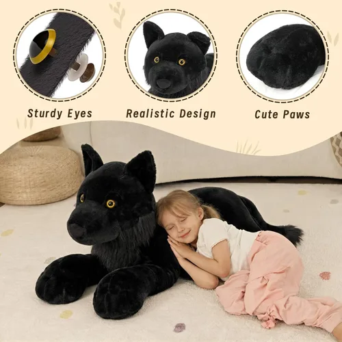 Vista 3 de MaoGoLan Peluche de lobo negro, lobo gigante de peluche para niños, 47