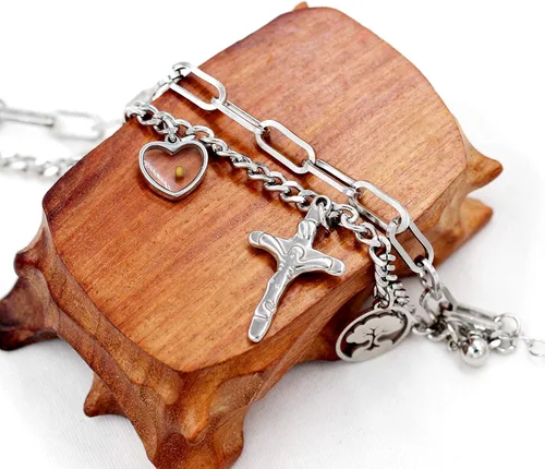 Vista 4 de Encantos Jesús Crucifijo Cruz Eslabón Cadena Pulsera Árbol de la Vida Brazaletes, Acero Inoxidable, Semilla de Mostaza Joyería Cristiana ZY077