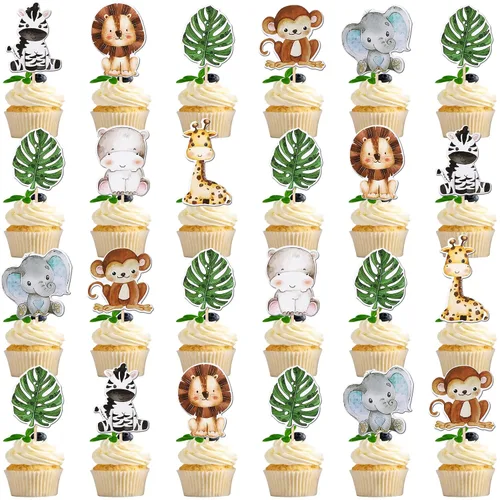 Vista 13 de 36 piezas de decoración para cupcakes de animales de la jungla, león, mono, cebra, hipopótamo, jirafa, elefante, temática de bosque, púas
