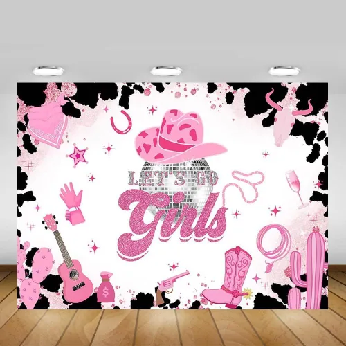 Vista 9 de Mocsicka Telón de fondo de disco de vaquera rosa con texto en inglés "Let's Go Girls", pancarta de cumpleaños para despedida de soltera, fin