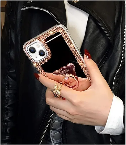 Vista 4 de LUVI Compatible con iPhone 15 Plus Mirror Bling Case con anillo, bonito soporte de diamantes de imitación con purpurina, agarre para los dedos