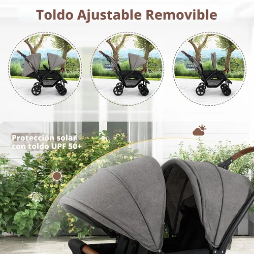 Vista 3 de INFANS Cochecito doble, cochecito plegable en tándem para bebé con respaldo ajustable, reposapiés de dosel, arnés de 5 puntos, canasta de Gris claro