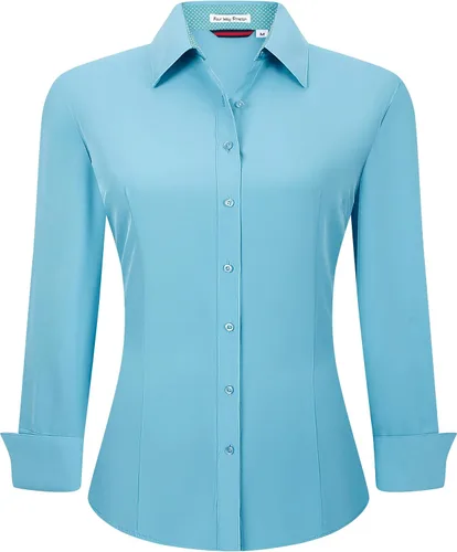 Vista 31 de Alex Vando Camisas de vestir para mujer, sin arrugas, ajuste regular, manga larga, elástica, camisa de trabajo