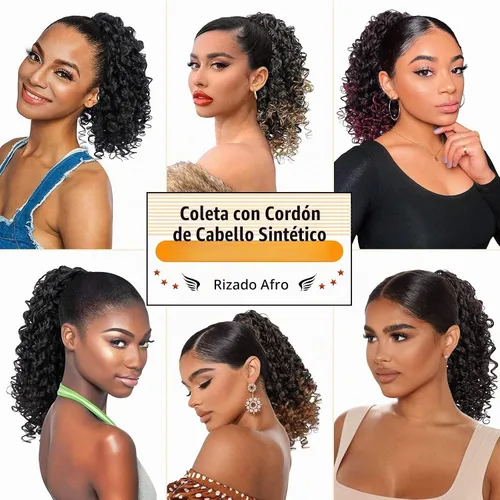Vista 6 de PEACOCO Extensión de cola de caballo rizada con cordón para mujeres negras - Cola de caballo de 6 pulgadas con clip, postizo sintético de afro corto
