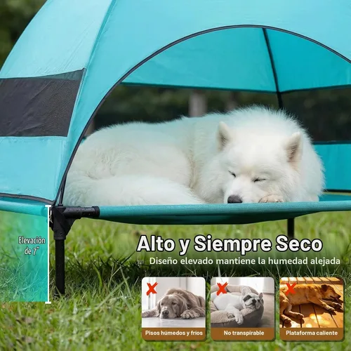 Vista 4 de Cama elevada para perros con toldo a prueba de rayos UV, tienda de campaña para perros al aire libre con potentes pies ajustables, cuna portátil
