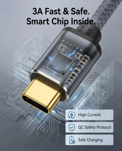 Vista 7 de Meokse Cable USB A a USB-C extralargo de 20 pies, nailon trenzado de alta densidad, conector de aluminio extendido, juego de sofá y potencia lejana