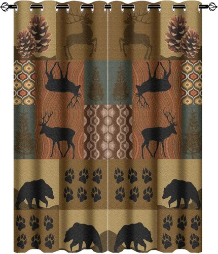 Vista 29 de Cortinas de oscurecimiento estilo campestre con osos, alces y ciervos, cortinas opacas para ventanas con ojales, tratamiento de ventanas eficiente