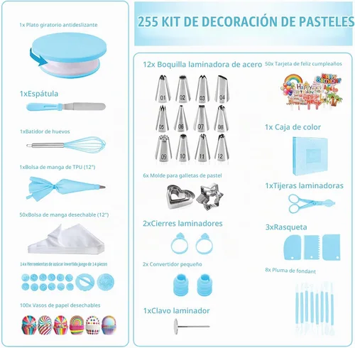 Vista 5 de Kit de suministros de decoración de pasteles, 255 piezas, juego de decoración de pasteles con tocadiscos para pasteles, 12 puntas de glaseado 181