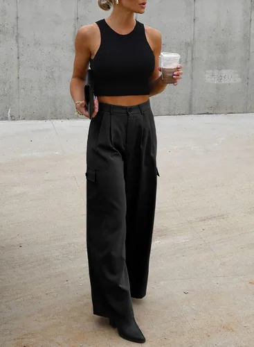 Vista 5 de Dokotoo Pantalones cargo de cintura alta y pierna ancha para mujer, pantalones holgados de trabajo casuales con 4 bolsillos