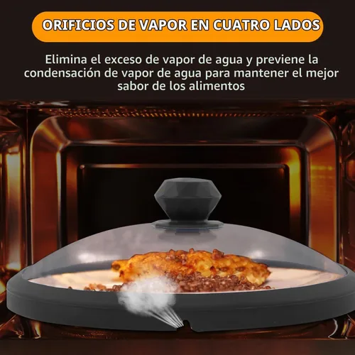 Vista 4 de Tapa de microondas de vidrio con protección contra salpicaduras con mangos de silicona anti-quemaduras y borde ventilado para cubrir ollas y platos