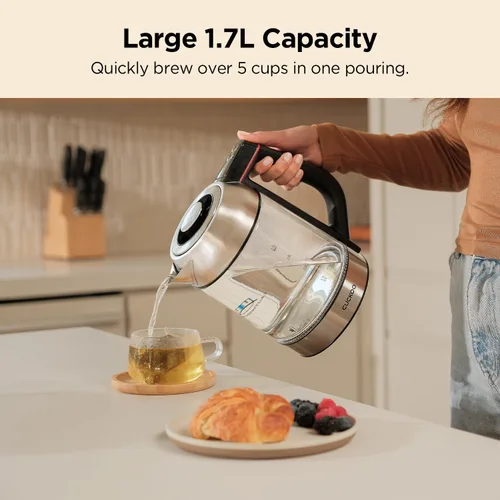 Vista 5 de CUCKOO Hervidor de té eléctrico con infusor, hervidor eléctrico de vidrio con control de múltiples temperaturas, luces LED fáciles de leer, olla
