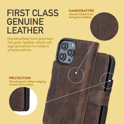 Vista 5 de Bayelon Funda para iPhone 14 Pro Max, funda de cuero de grano completo, 2 en 1, funda magnética desmontable con ranuras para tarjetas, función