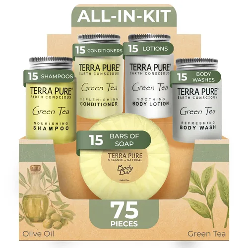 Vista 10 de Terra Pure Juego de jabones y artículos de tocador para hotel a granel Kit de amenidades 1-Shoppe Champú y acondicionador de 1 oz, gel de baño