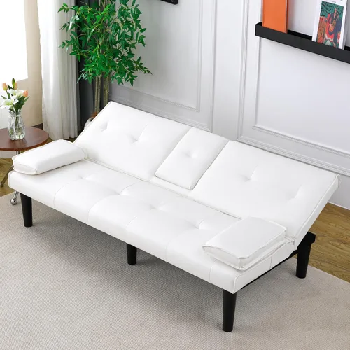 Vista 7 de Sofá cama futón moderno de 67 pulgadas, sofás cama convertibles 3 en 1 con respaldo ajustable, portavasos, cómodo sofá reclinable loveseat de cuero