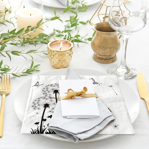 Vista 7 de AnyDesign Paquete de 100 servilletas de papel de diente de león, servilletas de almuerzo florales blancas y negras, desechables, decorativas
