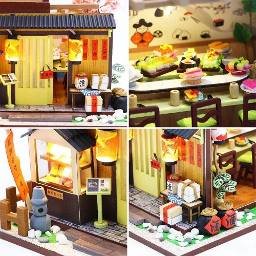 Vista 4 de Roroom Kit de casa de muñecas en miniatura y muebles, mini casa de muñecas de madera 3D, modelo artesanal estilo japonés con cubierta antipolvo