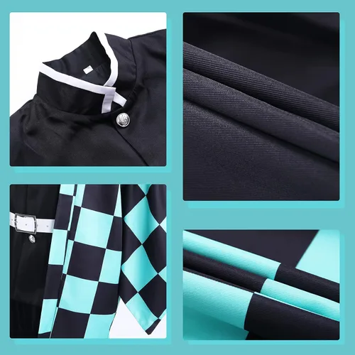 Vista 5 de Alaiyaky - Disfraz para cosplay de Tanjiro, traje para niños, disfraz con chaqueta y capa de Tanjiro Kamado de Demon Slayer para cosplay, Halloween