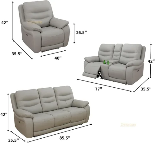 Vista 60 de Juego de sofá reclinable eléctrico, seccional de cuero transpirable beige, juego de muebles de sala de estar, 2 piezas, sofá reclinable eléctrico