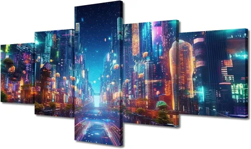 Vista 13 de Póster de 5 paneles en lienzo para decoración de pared, diseño de centro urbano Cyberpunk, impresión moderna, decoración de pared para el hogar