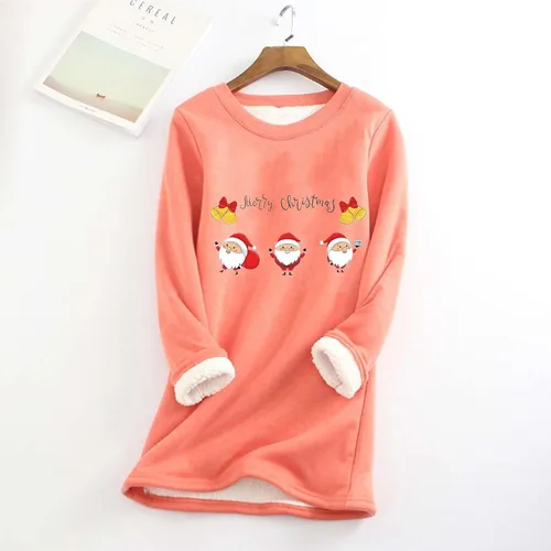 Vista 2 de Sudaderas de forro polar con forro de sherpa para mujer, sudadera con cuello redondo, sudadera navideña para descansar