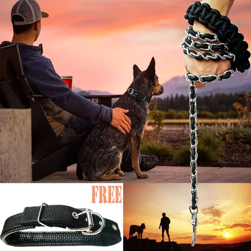 Vista 2 de Correa de metal para perro, correa de cadena con collar para mascotas, correas de entrenamiento para caminar, resistente, antimordeduras, gancho 360