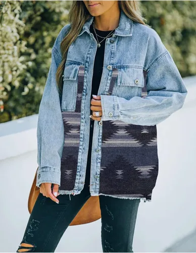 Vista 2 de Haellun Chaqueta azteca para mujer, con solapa desgastada, manga larga, con botones, chaqueta vaquera
