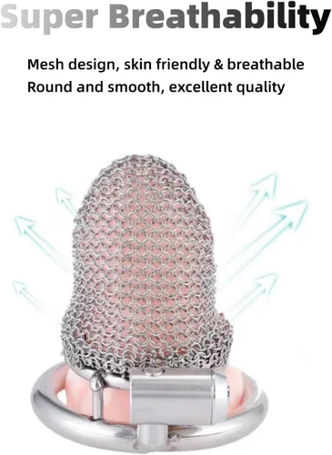 Vista 4 de Jaula de castidad masculina, dispositivo de castidad de malla metálica flexible para el pene con anillo de 1.772 in, juguete sexual para adultos