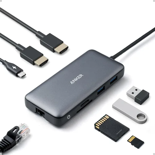 Vista 8 de Anker Hub USB C (7 en 1), con HDMI 4K, suministro de energía de 85 W, USB-C y 2 puertos de datos USB-A de 5 Gbps, lector de tarjetas microSD y SD