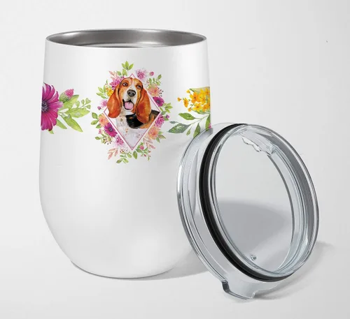 Vista 50 de Caroline's Treasures CK4110TBL12 Afghan Hound Pink Flowers - Vaso de vino aislado de acero inoxidable de 12 onzas con tapa, bonita taza de viaje