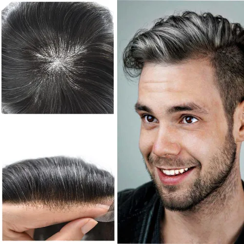 Vista 17 de PUNRU HAIR Completo Swiss Lace Toupee para hombres Sistema de cabello humano real Sistema de reemplazo de cabello humano para hombre Toupee
