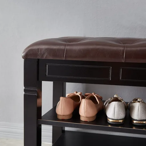 Vista 7 de Banco de almacenamiento de zapatos, zapatero de entrada con asiento de cuero de fibra de 2 niveles, organizador superior de madera para entrada