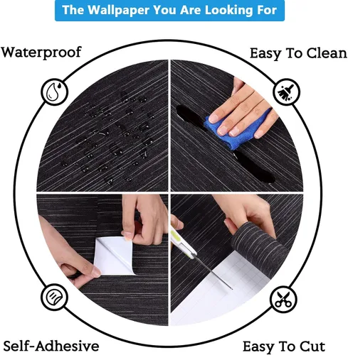 Vista 9 de CRE8TIVE Papel Tapiz Negro de Tela de Hierba Despegar y Pegar Texturizado Tela de Lino Tejido Negro Papel de Contacto para Paredes Autoadhesivo