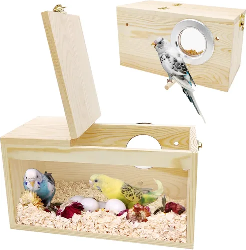 Vista 11 de BNOSDM Caja de nido de periquitos transparente con perca de madera para pájaros con jaula de cacatúas, periquitos, conure, pinzón, loro, pájaros