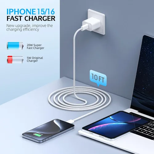 Vista 2 de Cargador de carga rápida para iPhone 17 16 15, paquete de 2 cables tejidos USB C de 10 pies de largo con bloque de carga rápida USBC de 20 W
