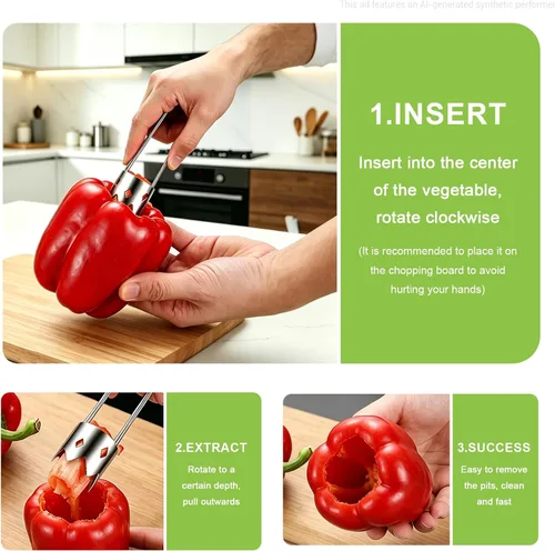 Vista 5 de Removedor de semillas de pimiento morrón, herramienta de descorazonador de frutas y verduras de acero inoxidable 2026, removedor de núcleo